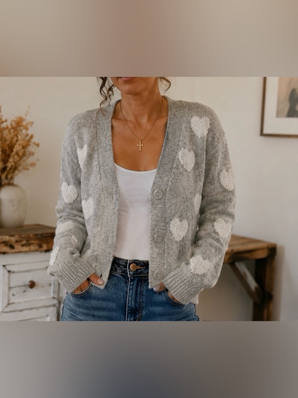 Cupcakes and Cashmere Gray Heart Cardigan Sweater Soft Cozy Knit Size M